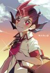  1boy bag black_hair brown_bag closed_mouth cloud collared_shirt glint hashtag-only_commentary jewelry kuroda_(kuro_yyy) male_focus necklace necktie pink_eyes pink_hair red_necktie red_trim shirt short_hair short_sleeves shoulder_bag sky smile solo spiked_hair standing sunset tsukumo_yuma upper_body white_shirt yu-gi-oh! yu-gi-oh!_zexal 