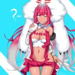  1girl ? baobhan_sith_(fate) baobhan_sith_(swimsuit_pretender)_(first_ascension)_(fate) blue_background breasts cernunnos_(fate) clothes_pull commentary cup detached_collar drinking drinking_straw english_commentary fate/grand_order fate_(series) fur-trimmed_jacket fur_trim grey_eyes hand_up highres holding holding_cup jacket long_hair looking_at_viewer low_twintails navel one_eye_closed pink_hair pink_skirt pointy_ears sidelocks skirt skirt_pull solo tan twintails vemus_01 white_jacket 