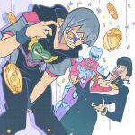  1girl 1other 5boys absurdres armor belt biting_coin black_hair black_jumpsuit braid brooch coin colored_skin crazy_diamond crying diamond_wa_kudakenai dixie_cup_hat english_commentary gakuran giorno_giovanna grey_hair grey_shirt hair_ornament hair_over_eyes hat heart heart_brooch heart_ornament higashikata_josuke higashikata_josuke_(jojolion) high_collar highres hood hood_down horseshoe_hat_ornament horseshoe_ornament jewelry jodio_joestar johnny_joestar jojo_no_kimyou_na_bouken jojolion jumpsuit kujo_jolyne kujo_jotaro long_sleeves male_focus military_hat mouth_hold multiple_boys open_mouth peace_symbol peaked_cap pectoral_cleavage pectorals pink_shirt pink_skin pompadour purple_belt sailor_hat school_uniform shirt short_sleeves side_braid stand_(jojo) star_(symbol) star_hair_ornament stardust_crusaders steel_ball_run stone_ocean surprised tears teeth the_jojolands tongue tongue_out vento_aureo wing_ornament wristband yoyk1 