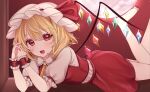  1girl absurdres ascot barefoot blonde_hair blush breasts chalc0 collared_shirt crystal_wings fingernails flandre_scarlet frills full_body hair_between_eyes hands_up hat hat_ribbon highres legs_up long_fingernails looking_at_viewer lying mob_cap moon multicolored_wings nail_polish night night_sky on_stomach open_mouth own_hands_together puffy_short_sleeves puffy_sleeves red_eyes red_moon red_nails red_ribbon red_skirt red_sky red_vest ribbon shadow shirt short_hair short_sleeves skirt skirt_set sky small_breasts smile solo star_(sky) starry_sky toenail_polish toenails touhou vest white_hat white_shirt wings wrist_cuffs yellow_ascot 