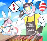 2024 4th_of_july :&gt; absurd_res american_flag_bikini anthro apron backwards_baseball_cap backwards_hat balloon baseball_cap bell bell_collar big_breasts bikini black_apron black_baseball_cap black_clothing black_fingerless_gloves black_gloves black_handwear blue_eyes blue_hair bottomwear breast_rest breasts busty_boy_(lore) chest_tuft cleavage closed_smile clothed clothing cloud collar day digital_drawing_(artwork) digital_media_(artwork) duo english_description english_text eye_through_hair eyebrow_through_hair eyebrows eyelashes eyelashes_through_hair female fence fingerless_gloves flag_bikini food fur furgonomic_baseball_cap furgonomic_hat furgonomic_headwear furgonomics gloves grass grill hair handwear hat headgear headwear hi_res holidays hot_dog hotpants huge_breasts inflatable inner_ear_fluff j_(theycallhimcake) jingle_bell jingle_bell_collar lagomorph leporid long_ears looking_at_another male male_(lore) mallkin mammal mouth_closed multicolored_eyes multicolored_hair musical_note musical_symbol pb_(theycallhimcake) pedophile_iconography pink_eyes pink_hair plant rabbit red_bottomwear red_clothing red_hotpants red_shorts shirt shorts sky smile speech_bubble swimwear symbol t-shirt text text_on_apron text_on_clothing theycallhimcake tongs tools topwear translucent translucent_clothing translucent_hair translucent_shirt translucent_t-shirt translucent_topwear tuft two-piece_swimsuit two_tone_eyes two_tone_hair visor white_body white_fur yellow_clothing yellow_shirt yellow_t-shirt yellow_topwear