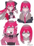  1girl 590kogure590 baobhan_sith_(fate) baobhan_sith_(first_ascension)_(fate) bare_shoulders blush breasts center_frills detached_collar detached_sleeves dress earrings fate/grand_order fate_(series) frills grey_eyes highres jewelry large_breasts long_hair long_sleeves looking_at_viewer multiple_views open_mouth pink_hair pointy_ears red_dress sidelocks smile tiara 