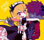  1boy 1girl black_dress black_vest blonde_hair claws colored_skin demon_boy demon_girl demon_horns demon_tail dress english_text hair_over_eyes highres horns hug looking_at_viewer maid maid_day maid_headdress original pointy_ears purple_hair purple_skin red_eyes red_shirt satanmanse sharp_teeth shirt short_hair simple_background tail teeth vest white_skin yellow_background 
