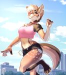 2025 4_toes 5_fingers anthro biped blonde_hair blue_eyes bottomwear breasts brown_body brown_fur brown_tail canid canine canis claws clenched_teeth clothed clothed_anthro clothed_female clothing cloud countershade_fur countershade_torso countershading coyote day digital_media_(artwork) ear_piercing facial_piercing feet female finger_claws fingers front_view fully_clothed fully_clothed_anthro fully_clothed_female fur hair handpaw hi_res inner_ear_fluff looking_at_viewer mammal monstercheetah navel nose_piercing outside paws piercing sky smile solo tail teeth toe_claws toes topwear tuft