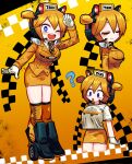  1girl blonde_hair blue_eyes english_commentary gloves highres jacket looking_at_viewer multiple_views one_eye_closed original personification roller_skates salute satanmanse short_hair skates skirt taxi twintails white_gloves yellow_background yellow_jacket yellow_skirt 