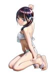  1girl absurdres arm_up back bare_shoulders bikini black_hair black_thighhighs blue_eyes blush bow breasts closed_mouth emutsuichi full_body hair_bow hair_ornament highres legs long_hair looking_at_viewer navel off-shoulder_bikini off_shoulder original platform_sandals sandals simple_background small_breasts smile solo stomach swimsuit thighhighs thighs white_background white_bikini 