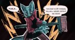 anthro apron blue_body blue_fur broom claws cleaning_tool clothing comic_panel domestic_cat empty_eyes english_text felid feline felis female fur hi_res mammal power-up restricted_palette simple_background solo speech_bubble text threatening_with_weapon vanilla_candy