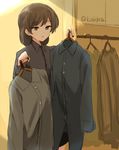  :o brown_eyes brown_hair buttons closet clothes half-closed_eyes hangar holding johanna_wiese kodamari long_sleeves military military_uniform short_hair solo twitter_username uniform world_witches_series 