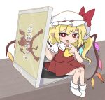  1girl ascot blonde_hair cd_case chibi chromatic_aberration commentary crystal_wings embodiment_of_scarlet_devil fang flandre_day flandre_scarlet hand_on_own_face hashtag-only_commentary hat hat_ribbon highres looking_at_viewer mob_cap open_mouth pointy_ears puffy_short_sleeves puffy_sleeves purabird0370 red_eyes red_ribbon red_skirt red_vest ribbon short_hair short_sleeves side_ponytail sitting skin_fang skirt smug socks solo symbol-only_commentary touhou vest white_hair white_socks yellow_ascot 