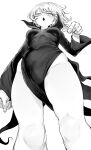  1girl absurdres breasts collared_dress covered_navel dress from_below groin highres long_sleeves looking_at_viewer looking_down monochrome niwarhythm one-punch_man open_mouth pelvic_curtain pointing pointing_at_viewer simple_background small_breasts solo swept_bangs tatsumaki thighs 