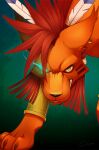  animal animal_focus animal_with_hair bangle bracelet claws clenched_teeth close-up earrings english_commentary facial_mark fangs feather_hair_ornament feathers final_fantasy final_fantasy_vii flaming_eye hair_ornament jewelry just_peachy looking_at_viewer mane no_humans red_fur red_hair red_xiii scar scar_across_eye scar_on_face signature teeth 