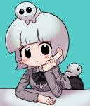  1girl bent_over black_bow black_bowtie black_eyes black_skirt bow bowtie creature creature_and_personification english_commentary grey_hair grey_jacket head_rest highres jacket looking_at_viewer meme original personification satanmanse short_hair skirt solo tbh_creature_(meme) 
