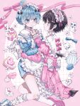  2boys absurdres angel_wings apron back_bow bandaid bandaid_on_knee bandaid_on_leg black_bow black_eyes black_hair black_wings blue_bow blue_eyes blue_hair blue_jacket blue_shirt blush bow cake cake_slice cat cat_hair_ornament closed_mouth collared_jacket commentary cookie crossdressing crossdressing_(mtf) cupcake demon_tail demon_wings donut dress expressionless feathered_wings flower food frilled_shirt_collar frilled_sleeves frills fruit hair_ornament hand_on_another&#039;s_chin heart heart-shaped_cookie heart-shaped_food heart_hair_ornament heart_in_eye highres hiro_0607 jacket jersey_maid juliet_sleeves long_sleeves maid maid_headdress male_focus male_maid mary_janes multiple_boys original pink_bow pink_dress pink_ribbon puffy_sleeves rabbit rabbit_hair_ornament ribbon shirt shoes short_hair sneakers socks star_(symbol) strawberry strawberry_shortcake symbol-only_commentary symbol_in_eye tail teapot teardrop track_jacket trap unconventional_maid white_apron white_bow white_flower white_shoes white_socks white_wings wings 