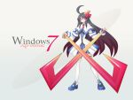  1girl 7-tan 7-tan_(xp_mode) ahoge black_hair blue_shoes blue_skirt commentary_request detached_sleeves hair_ornament holding holding_weapon huge_ahoge long_hair looking_at_viewer original os-tan personification sato_(esuplusesu) shoes skirt solo thighhighs very_long_hair weapon white_thighhighs x_hair_ornament zettai_ryouiki 
