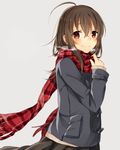  ahoge black_hair brown_eyes fujiwara_hajime idolmaster idolmaster_cinderella_girls long_hair minamiya_mia plaid plaid_scarf scarf smile solo winter_clothes 