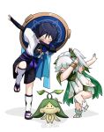  1boy 1girl absurdres anklet aranara_(genshin_impact) armlet armor arms_up belt black_belt black_bow black_bridal_gauntlets black_leggings black_sandals black_shorts bloomers blue_cape blue_gemstone blue_hat blue_kimono blunt_ends bow bracelet bridal_gauntlets cape closed_eyes dab_(dance) detached_sleeves dress facing_down feathers foot_up full_body furisode gem genshin_impact gold gold_trim green_cape green_sleeves hair_ornament hat hat_on_back highres japanese_armor japanese_clothes jewelry jingasa jrpulse juban kimono knee_up kote kurokote leaf leaf_hair_ornament leg_warmers leggings long_hair nahida_(genshin_impact) open_clothes open_hands open_kimono purple_sash sandals sash scaramouche_(genshin_impact) shadow shorts side_ponytail sidelocks socks stirrup_footwear tassel twitter_username wanderer_(genshin_impact) white_background white_bloomers white_dress white_hair white_kimono white_leg_warmers white_socks wispy_bangs yellow_feathers zouri 