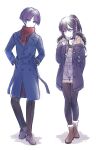  1boy 1girl alternate_costume alternate_hairstyle aqua_eyes arms_at_sides black_choker black_pants black_sleeves black_thighhighs black_undershirt blue_coat blue_sleeves blunt_bangs blunt_ends brown_hair brown_shoes buttons casual choker closed_mouth coat contemporary double-breasted drawstring eyeliner eyeshadow fringe_trim full_body fur-trimmed_collar fur-trimmed_shoes fur_trim genshin_impact grey_overalls grey_shoes hair_between_eyes hands_in_pockets high_collar high_ponytail highres lapels layered_sleeves long_sleeves makeup mona_(genshin_impact) overalls pants parted_bangs ponytail purple_coat purple_eyes purple_hair red_eyeliner red_eyeshadow red_scarf renacchi06 ribbed_shirt ribbed_sleeves scaramouche_(genshin_impact) scarf shirt shoes sidelocks standing swept_bangs thighhighs tsurime white_background 