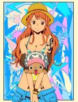  1boy 1girl antlers bangle bare_shoulders bikini bikini_top_only blue_hat blue_nose blue_pants bracelet breasts brown_eyes brown_fur cleavage closed_mouth commentary denim green_bikini hat highres horns jeans jewelry laika2slip large_breasts log_pose long_hair looking_at_viewer nami_(one_piece) one_piece open_mouth orange_hair outside_border pants reindeer_antlers reindeer_boy shoulder_tattoo sidelocks smile straight-on straw_hat swimsuit symbol-only_commentary tattoo tony_tony_chopper wavy_hair 