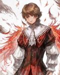  1boy ascot blonde_hair blue_eyes feathered_wings final_fantasy final_fantasy_xvi frilled_sleeves frills highres joshua_rosfield looking_at_viewer official_art phoenix_wings red_robe robe short_hair solo takahashi_kazuya upper_body wings 