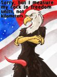 4th_of_july absurd_res accipitrid accipitriform american_flag anthro avian bald_eagle beak big_penis bird crossed_arms eagle english_text genitals hi_res holidays humor looking_at_viewer male nude nude_anthro nude_male penis red_penis sea_eagle solo standing tapering_penis text united_states_of_america vike_mike wingless_avian