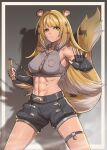  1girl abs absurdres aged_up animal_ears arm_up armpits bare_shoulders black_hair black_shorts blonde_hair breast_pocket breasts buttons collared_shirt cropped_shirt elbow_gloves fighting_stance fingerless_gloves fluffydus gloves green_eyes grey_shirt highres holding holding_nunchaku holding_weapon jewelry ju_fufu legs_apart long_hair long_tail looking_at_viewer medium_breasts midriff multicolored_hair navel nunchaku parted_lips pendant pocket shirt shorts sleeveless sleeveless_shirt solo standing stomach tail taut_clothes taut_shirt tiger_ears tiger_girl tiger_tail toned toned_female very_long_hair weapon white_hair wing_collar zenless_zone_zero 