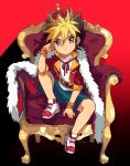  1boy amanogawa_ryuusei arched_crown artist_name belt belt_buckle between_legs black_hair blonde_hair blue_shorts brown_belt brown_eyes buckle cape child closed_mouth collared_jacket commentary crown elbow_rest full_body fur-trimmed_cape fur_trim hair_between_eyes hand_between_legs head_rest jacket jinzou_konchuu_kabutoborg_vxv kuroda_(kuro_yyy) male_focus open_clothes open_jacket red_background red_cape red_jacket red_shoes shirt shoes short_hair shorts signature sitting sneakers solo symbol-only_commentary throne white_shirt wristband 