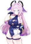  1girl armlet asymmetrical_sleeves bare_shoulders blue_eyes blue_leotard blue_sleeves braid breasts citlali_(genshin_impact) closed_mouth collarbone covered_navel detached_sleeves expressionless facial_mark feathers floating_headgear forehead_mark fumei_(pagamya) genshin_impact groin headgear jewelry large_breasts leotard long_hair long_sleeves pink_feathers pink_hair purple_feathers ribbed_leotard ribbed_sleeves ring_hair_ornament simple_background solo thigh_strap thighs triangle triangle_facial_mark uneven_sleeves white_background 