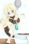  1girl 2000s_(style) apron black_dress blonde_hair blue_eyes commentary cup dress english_commentary holding holding_spoon long_hair looking_at_viewer maguro-chan maid maid_headdress mini_person minigirl original painttool_sai_(medium) smile solo spoon tea teacup very_long_hair white_apron 