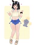  1boy ;d anklet bare_shoulders bead_anklet beads black_hair blue_shorts bracelet bulge calem_(pokemon) collarbone commentary_request cosplay double_v espurr grey_eyes happy heart highres jewelry knees looking_at_viewer male_focus medium_hair midriff navel one_eye_closed open_mouth pokemon pokemon_(creature) pokemon_masters_ex pokemon_xy sana_(37pisana) sandals shorts skyla_(pokemon) skyla_(pokemon)_(cosplay) skyla_(summer_2025)_(pokemon) smile teeth toes tongue upper_teeth_only v 