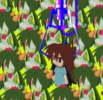  6+girls apron brown_eyes brown_hair clone crane_game dress dual_persona english_commentary full_body gauze gauze_over_eye green_background green_dress green_hair highres hospital_gown long_hair low_twintails maid maid_apron multiple_girls original pixelated red_eyes satanmanse simple_background solo twintails very_long_hair 