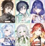  2boys 4girls :d :o absurdres ahoge alternate_costume aqua_eyes aqua_hair bare_shoulders black_gloves black_hair blonde_hair blue_eyes blue_flower blue_hair blue_pupils blush braid breasts brown_eyes brown_hair character_name cleavage closed_mouth collarbone colored_inner_hair commentary drop-shaped_pupils earrings flower folded_fan folding_fan furina_(genshin_impact) genshin_impact gloves green_eyes green_hair hair_between_eyes hair_ornament hair_stick hand_fan hand_up heterochromia highres holding holding_fan holding_flower holding_own_hair jewelry kkopoli large_breasts leaf_hair_ornament long_hair looking_at_viewer mavuika_(genshin_impact) medium_breasts medium_hair multicolored_hair multiple_boys multiple_girls nahida_(genshin_impact) open_mouth parted_lips pointy_ears purple_eyes purple_hair raiden_shogun red_hair sleeveless smile star-shaped_pupils star_(symbol) streaked_hair symbol-shaped_pupils tassel twin_braids upper_body venti_(genshin_impact) very_long_hair white_hair zhongli_(genshin_impact) 