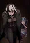  1boy 1girl apron black_cape black_eyes black_gloves black_hair black_jacket black_pants blue_dress blue_eyes blue_hair cape dress from_above gloves hair_horns hairband highres jacket made_in_abyss maruruk multicolored_hair ozen pants purple_hairband short_hair streaked_hair white_apron white_hair yatsumeunagi 