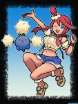  1girl ;d absurdres artist_name blue_eyes blue_shorts crop_top english_commentary full_body highres jumpluff midriff navel official_alternate_costume one_eye_closed open_mouth pokemon pokemon_(creature) pokemon_masters_ex poltartgeist red_hair short_hair_with_long_locks short_shorts shorts sidelocks skyla_(pokemon) skyla_(summer_2025)_(pokemon) smile teeth upper_teeth_only 