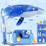  1other absurdres artist_name blue_jacket book bookshelf cellphone chair closed_eyes closed_mouth commentary cup cushion drinking_glass easy_chair fish flying_fish flying_whale globe gloves helmet highres holding holding_phone indoors jacket kazunoko_(kazunoko_zunoco) lamp lampshade looking_at_phone lying moon on_back on_chair original phone planetary_ring poster_(object) radio_antenna robot rocket_ship signature smartphone space_helmet spacecraft through_wall toy water whale white_gloves 
