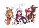  3girls :d akari_(pokemon) black_vest blue_eyes bow bow_hairband brown_hair closed_eyes constarlations english_commentary english_text hair_bow hairband hairstyle_connection hat high_ponytail highres hilda_(pokemon) long_hair may_(pokemon) multiple_girls open_clothes open_mouth open_vest pokemon pokemon_bw pokemon_legends:_arceus pokemon_oras ponytail purple_hair red_bow red_hairband red_shirt shirt short_hair short_ponytail sleeveless sleeveless_shirt smile twitter_username upper_body very_long_hair vest white_background white_hat white_shirt 
