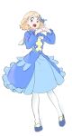  1girl :o absurdres alternate_color ascot black_eyes blonde_hair blue_dress blue_shoes dress full_body hair_ornament highres long_sleeves looking_at_viewer official_alternate_costume open_mouth pantyhose pokemon pokemon_masters_ex serena_(pokemon) serena_(sygna_suit)_(pokemon) shoes short_hair solo teeth u4_99384295 upper_teeth_only white_ascot white_background white_pantyhose x_fingers 