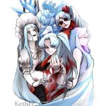  5girls angela_(project_moon) arms_behind_back aspiration_(e.g.o) blood blood_in_hair blood_on_clothes blue_hair closed_eyes closed_mouth dress e.g.o_(project_moon) frost_shard_(e.g.o) grin hair_intakes highres library_of_ruina lobotomy_corporation long_hair looking_at_viewer marionette_(e.g.o) multiple_girls one_side_up parted_bangs project_moon red_eyes remorse_(e.g.o) simle simple_background smile very_long_hair white_background white_dress wrist_cutter_(e.g.o) yatsumeunagi 