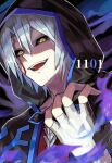  1boy aura birthday black_capelet black_sclera capelet colored_sclera dark_aura dated fingerless_gloves gloves hair_between_eyes hand_up highres hood hood_up hooded_capelet kiryu_kyosuke kuroda_(kuro_yyy) male_focus open_mouth portrait red_shirt shirt smile solo teeth upper_teeth_only white_gloves white_hair yellow_eyes yu-gi-oh! yu-gi-oh!_5d&#039;s 