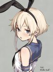  1girl alternate_costume alternate_hair_length alternate_hairstyle artist_name black_eyes black_neckerchief blonde_hair blue_sailor_collar blush breasts commentary_request cropped_shirt eckert&amp;eich elbow_gloves gloves grey_background hair_between_eyes highres kantai_collection looking_at_viewer neckerchief open_mouth sailor_collar shimakaze_(kancolle) shirt short_hair short_hair_with_long_locks simple_background small_breasts solo twitter_username white_shirt 