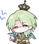  1girl androgynous annoyed aqua_cape artist_request bead_bracelet bead_necklace beads belt belt_buckle bracelet bright_pupils brown_belt brown_eyes buckle cape chibi clenched_hand closed_mouth collared_shirt cropped_legs crown eyes_visible_through_hair floating_cape flower flower_necklace frilled_shirt frilled_sleeves frills fur-trimmed_cape fur_trim gloom_(expression) gold_buckle gold_crown green_hair hair_over_shoulder half-closed_eyes infinity_nikki jewelry light_frown long_hair long_sleeves looking_at_viewer mini_crown multiple_bracelets necklace nikki_(series) official_art outstretched_hand parted_bangs shirt shout_lines sleeves_past_wrists solo tareme transparent_background twilight_oath_(infinity_nikki) white_pupils yellow_shirt 