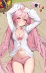  1girl absurdres arms_up blush bow bow_panties bra breasts cleavage cowboy_shot digital_camera food fruit fruit_basket hair_between_eyes hatsune_miku highres jacket keine09 long_sleeves looking_at_viewer lying medium_breasts navel on_back panties partially_unbuttoned pink_bra pink_eyes pink_panties sakura_miku shirt solo strawberry twintails underwear unworn_jacket vocaloid white_shirt 