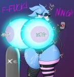 ahegao air_tank anthro areola armband avian beak big_breasts bird black_beak black_body black_scales black_talons blue_body blue_feathers breast_expansion breast_implants breasts camel_toe claire_(cookie-pone) close_to_bursting clothing controller cookie-pone ejaculation electricity electrostimulation english_text expansion eyeliner eyeshadow feathers female genitals glowing glowing_breasts hi_res hose hose_inflation huge_breasts inflation inflation_fetish legwear looking_at_viewer looking_pleasured makeup nipple_piercing nipples panties pattern_clothing pattern_legwear pattern_stockings piercing plump_labia pussy_ejaculation_through_clothing remote_control scales shirt solo spiked_armband spikes stockings striped_clothing striped_legwear striped_stockings stripes text thick_thighs tongue tongue_piercing topwear underwear vulva white_body white_feathers wide_hips