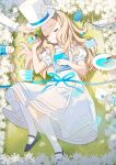  1girl ace_(playing_card) ace_of_hearts alice&#039;s_adventures_in_wonderland alice_(alice_in_wonderland) apron black_shoes blonde_hair blue_dress blue_flower blue_hairband blue_ribbon blue_rose blush book card chain closed_eyes closed_mouth collared_dress dress envelope feathers field flower flower_field full_body gold_chain hair_over_shoulder hair_spread_out hairband hand_up hat heart highres holding holding_book holding_envelope holding_flower holding_plate holding_stopwatch holding_unworn_clothes holding_unworn_hat kneehighs long_hair long_sleeves lying mary_janes medium_dress mushroom on_back on_grass out_of_frame plate playing_card puffy_short_sleeves puffy_sleeves ribbon rose shoes short_sleeves sidelocks sleeping smile socks solo_focus stopwatch top_hat unworn_hat unworn_headwear vial wakuseiy water white_apron white_flower white_hat white_socks 