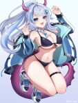  1girl :3 absurdres bikini black_bikini black_choker blue_eyes blue_hair blue_jacket blush braid breasts choker cleavage commentary commission diamond-shaped_pupils diamond_(shape) dragon_girl dragon_horns dragon_tail english_commentary fang front-tie_bikini_top front-tie_top grey_hair hair_ornament hands_up haori903 highres horns jacket jewelry large_breasts long_hair long_sleeves looking_at_viewer multicolored_hair navel open_clothes open_jacket open_mouth original purple_horns purple_tail ring shoes side-tie_bikini_bottom simple_background single_bare_shoulder single_off_shoulder skin_fang smile socks solo streaked_hair swept_bangs swimsuit symbol-shaped_pupils tail thigh_strap two-tone_hair vgen_commission white_background white_shoes white_socks 