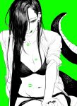  0820_lakia 1girl bra commentary_request forked_tongue green_background green_theme highres korean_commentary licking_lips lipstick_mark lipstick_mark_on_breast lipstick_mark_on_face lipstick_mark_on_stomach long_hair looking_at_viewer open_clothes open_shirt original panties simple_background snake_girl snake_tail solo tail tongue tongue_out underwear 