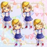  &gt;_&lt; 1girl :d blue_skirt blush brown_hair chibi closed_eyes collared_shirt commentary_request commission diagonal-striped_background dress_shirt hat kou_hiyoyo loafers low_twintails multiple_views name_tag original pennant pleated_skirt purple_eyes red_shoes school_hat shirt shoes short_sleeves short_twintails skeb_commission skirt small_sweatdrop smile socks standing string_of_flags striped_background suspender_skirt suspenders sweat tilted_headwear twintails wavy_mouth white_shirt white_socks xd yellow_hat 