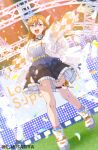  1girl :d absurdres black_skirt blue_shirt blush brown_hair copyright_name dutch_angle frilled_skirt frills full_body gradient_clothes gradient_shirt hair_between_eyes hajimari_wa_kimi_no_sora highres idol long_hair long_sleeves love_live! love_live!_superstar!! miniskirt musashiya_chougenbou outstretched_arms outstretched_hand purple_eyes shibuya_kanon shirt skirt smile socks solo twitter_username white_shirt 