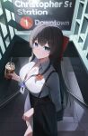  1girl absurdres bag black_bag black_hair black_skirt blue_eyes blush bow braid breasts character_charm charm_(object) cleavage closed_mouth coffee collarbone collared_shirt commentary cup day drinking_straw haedungi_(shirayuki_hina) hair_bow hair_ornament hand_up heart heart_hair_ornament high-waist_skirt highres holding holding_cup iced_coffee id_card indoors lanyard large_breasts long_hair long_sleeves looking_at_viewer red_bow shirayuki_hina shirt shirt_tucked_in shoulder_bag single_braid skirt solo stairs standing stellive thighs very_long_hair virtual_youtuber white_shirt wing_collar yireh 