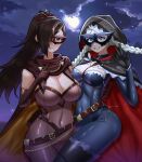  2girls ahoge black_gloves blue_bodysuit blue_eyes blue_mask bodysuit braid breasts brown_hair cape cleavage cloud cloudy_sky commission commissioner_upload crystal_earrings earrings eye_mask fire_emblem fire_emblem_fates fire_emblem_heroes full_moon gloves hair_over_one_eye harness highres hood hood_up hooded_cape jewelry kagero_(fire_emblem) kagero_(thief)_(fire_emblem) keyring ko-fi_commission large_breasts leather_belt long_hair low_twin_braids medium_breasts moon multiple_girls night night_sky nina_(fire_emblem) nina_(thief)_(fire_emblem) non-web_source novasvr o-ring o-ring_harness official_alternate_costume parted_bangs phantom_thief ponytail skin_tight sky thief turtleneck twin_braids two-tone_bodysuit two-tone_cape white_hair yellow_cape 