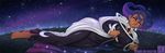  barefoot bodysuit bracelet breasts cape dakimakura dark_skin earrings eyebrows flipped_hair gojika_(pokemon) gym_leader jewelry justinian_knight large_breasts lips lipstick lying makeup night night_sky on_side pokemon pokemon_(game) pokemon_xy purple_hair short_hair skin_tight sky smile solo star star_earrings thick_eyebrows toes 